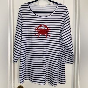 Crown & Ivy Navy and White Striped Shirt With Red Crab Graphic